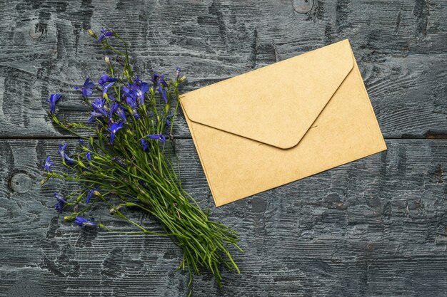 Een boeket bloemen en een postpapieren envelop op een houten tafel. Plat leggen.