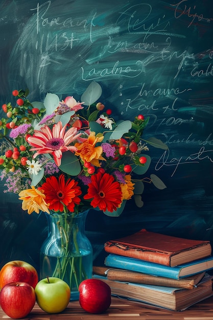 een boeket bloemen in een vaas op het bureau van de leraar met boeken appels op de achtergrond van het krijtbord