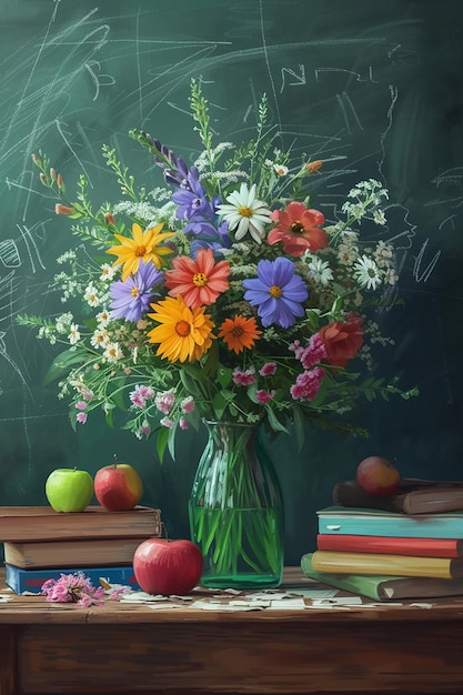 een boeket bloemen in een vaas op het bureau van de leraar met boeken appels op de achtergrond van het krijtbord