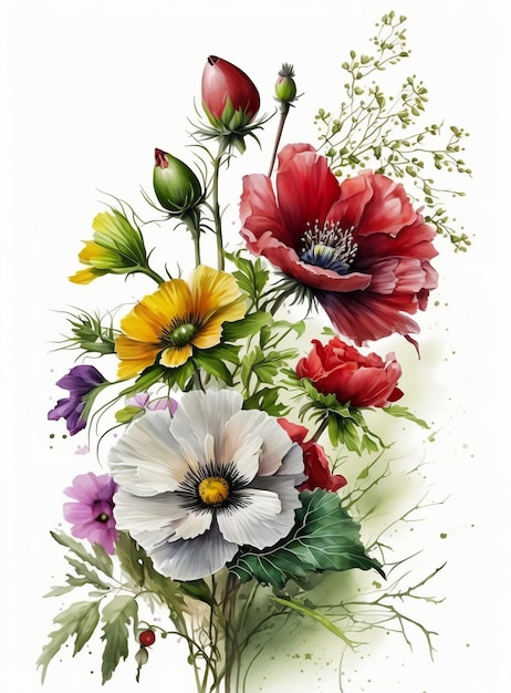 Foto een boeket bloemen is geschilderd op een witte achtergrond.