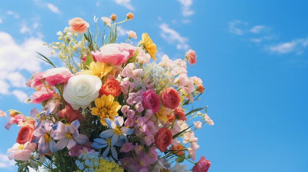 Een boeket bloemen met een blauwe hemel op de achtergrond