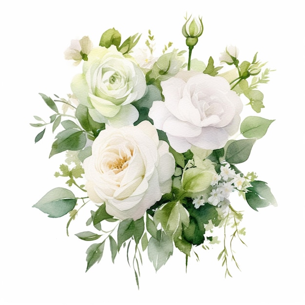 Een boeket bloemen met groene bladeren en witte bloemen.