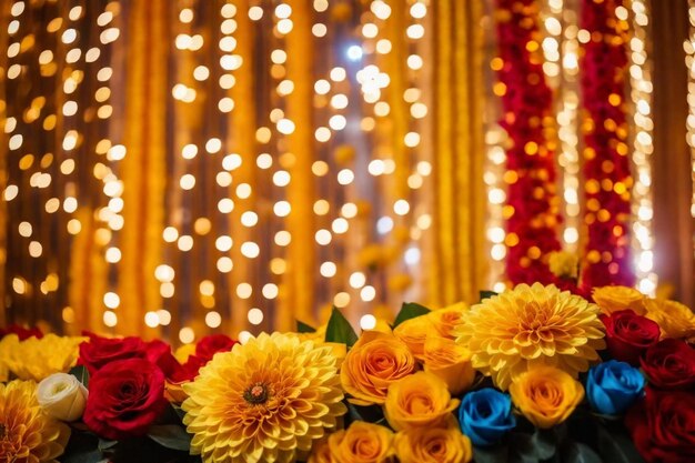 een boeket bloemen met lichten achter hen staan voor een gordijn