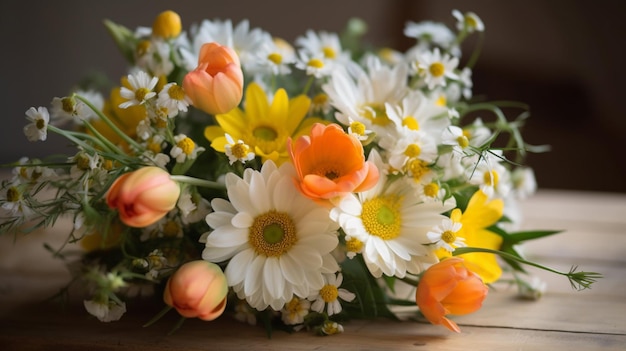 Een boeket bloemen op een tafel met een geel en oranje label.