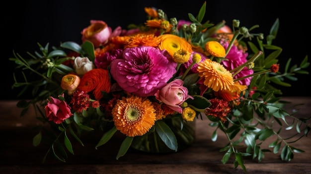 Een boeket bloemen op een tafel met een zwarte achtergrond