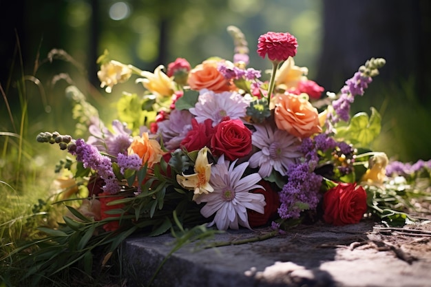 Een boeket bloemen op een vers graf