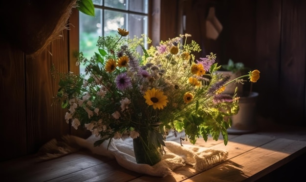 Een boeket bloemen staat op een houten vloer in een kamer met een raam erachter.