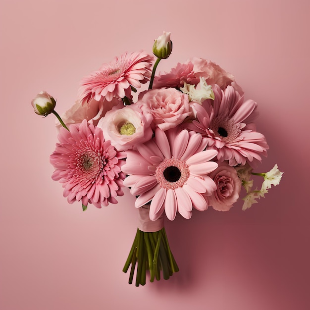 Een boeket bloemen staat op een roze achtergrond