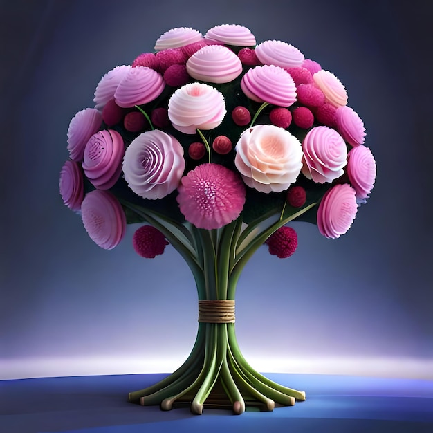 een boeket bloemen staat op een tafel met een paarse achtergrond.