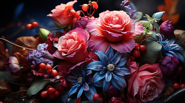 een boeket bloemen wordt getoond met groenblauwe rode en paarse bloemen