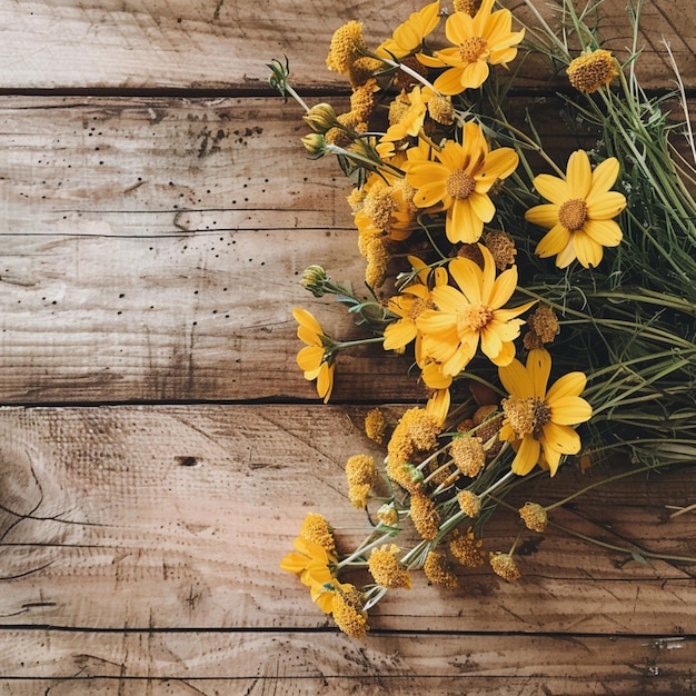 Een boeket gele bloemen op een houten tafel.