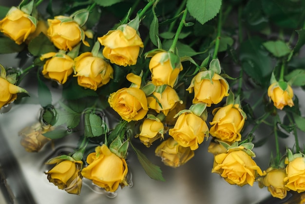Een boeket gele tuinrozen in de keukenspoel.