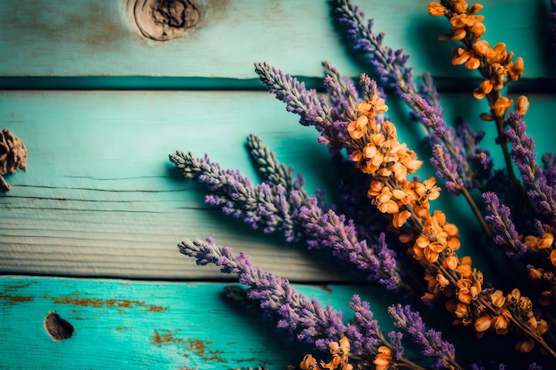 Een boeket lavendel op een blauwe houten achtergrond