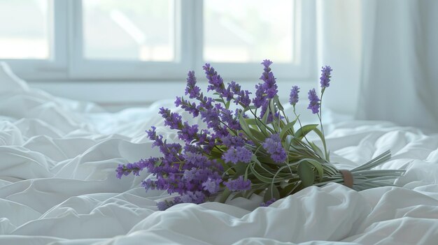 Een boeket lavendelbloemen op een bed.