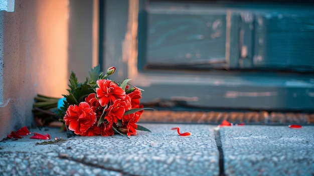 Een boeket mooie bloemen achtergelaten op de stoep van een oud huis