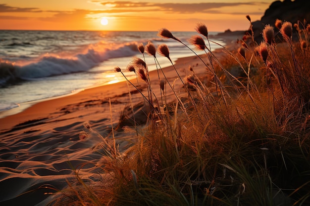 Foto een boeket paardenbloemen staat hoog op een strand bij zonsondergang