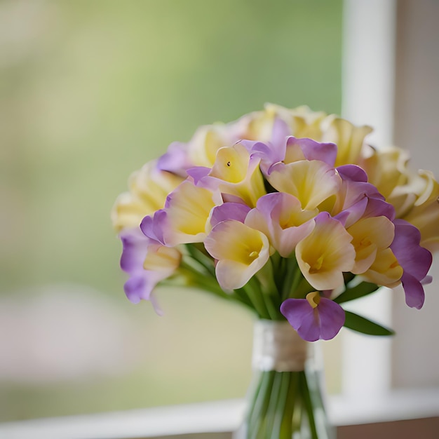 een boeket paarse en gele bloemen in een vaas