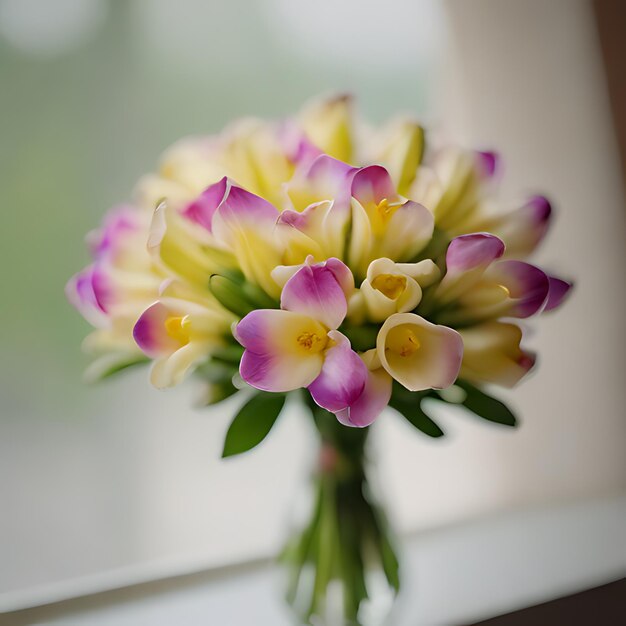 Foto een boeket paarse en gele bloemen op een vensterbank