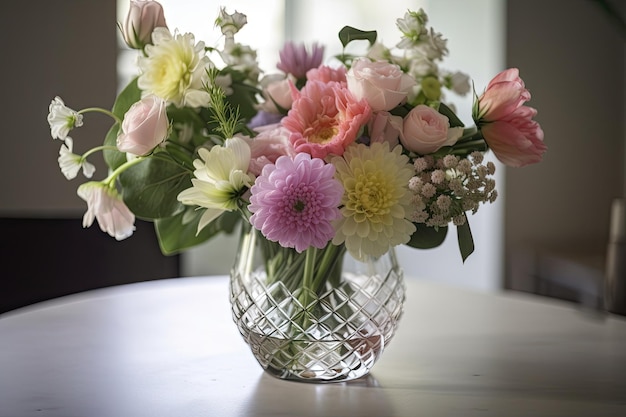 Een boeket pastelkleurige bloemen in een kristallen vaas gemaakt met generatieve AI