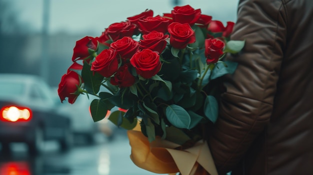 Een boeket rode rozen in de handen van een man op straat.