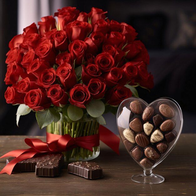 Een boeket rode rozen versierd met een strik en chocolade hart als symbool van genegenheid en liefde