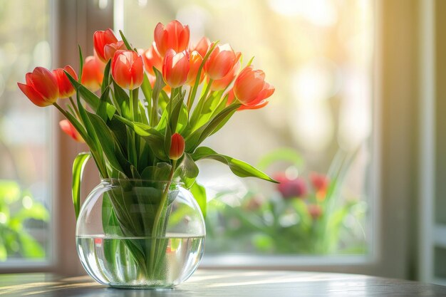 Een boeket rode tulpen in een glazen doorzichtige vaas close-up op een tafel op een wazige achtergrond