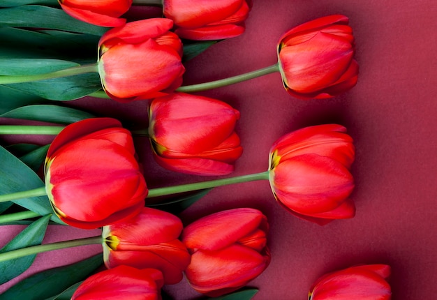 Een boeket rode tulpen in het voorjaar