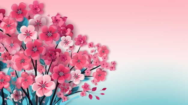 een boeket roze bloemen op een blauwe en roze achtergrond