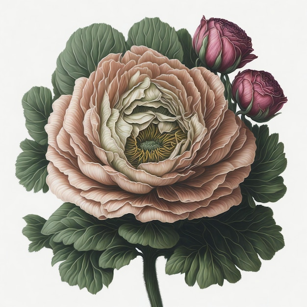 een boeket roze en groene Ranunculus bloemen op een witte achtergrond