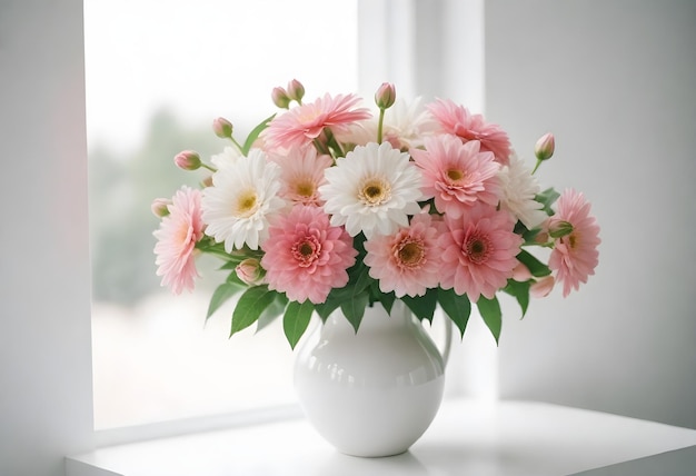 Een boeket roze en witte bloemen in een witte vaas tegen een lichte achtergrond