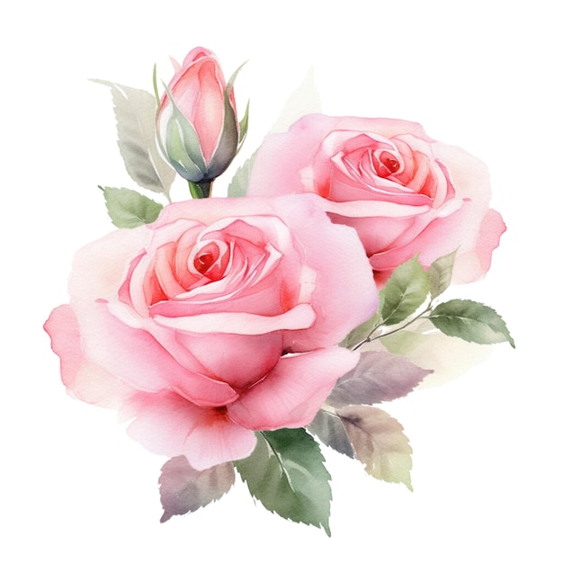 Een boeket roze rozen met bladeren en bloemen.