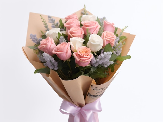 Een boeket roze rozen met een roze lint aan de onderkant.