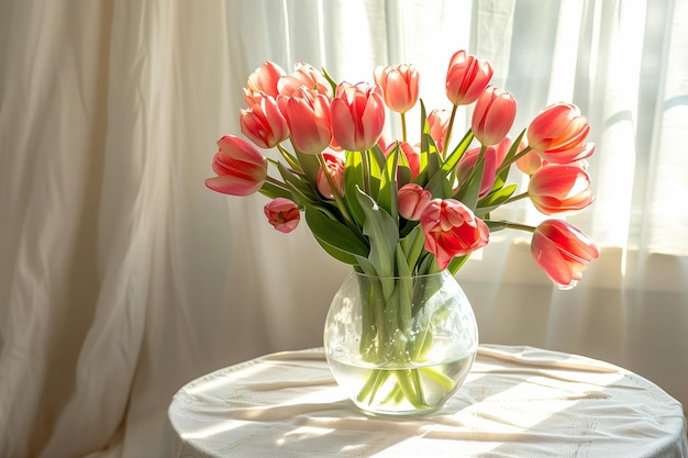 Een boeket roze tulpen in een doorzichtige vaas op een ronde tafel bij het raam