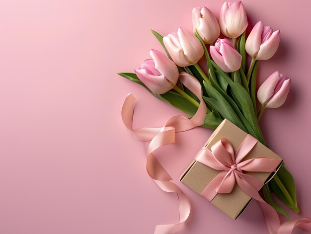Een boeket roze tulpen met een geschenkdoos op een roze achtergrond