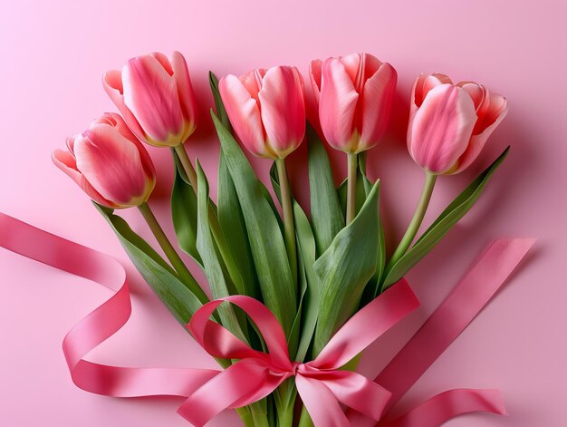 Een boeket roze tulpen met een lint op een roze achtergrond