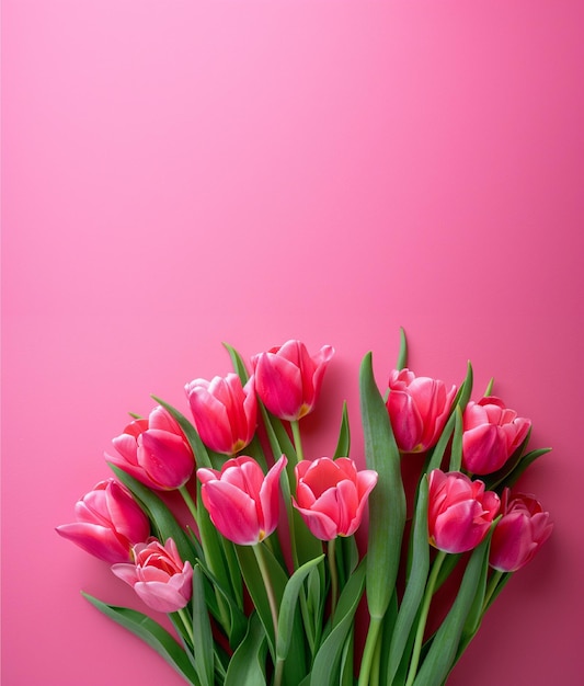 een boeket roze tulpen op een roze achtergrond