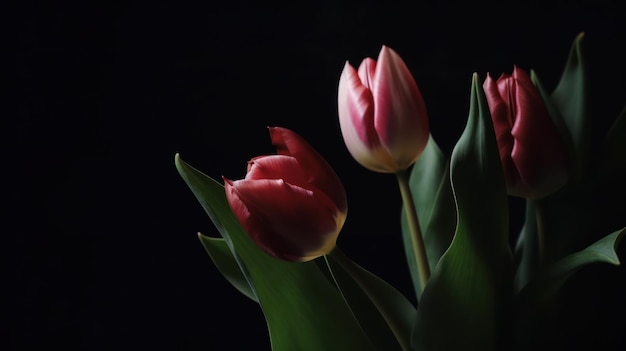 Een boeket roze tulpen voor een zwarte achtergrond.