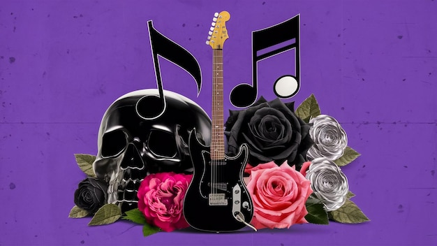 een boeket rozen en een gitaar met een muzieknoot erop