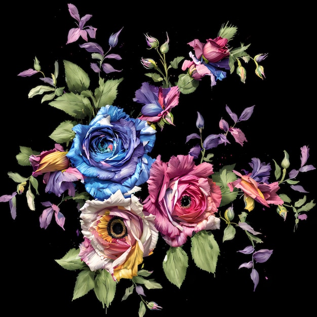 Een boeket rozen met paarse, roze en blauwe bloemen op een zwarte achtergrond.