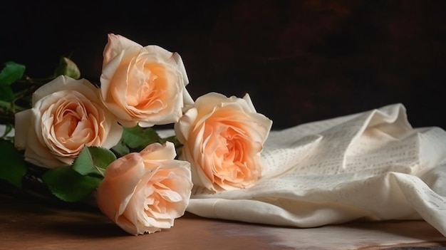 Een boeket rozen op een tafel met een wit kleed