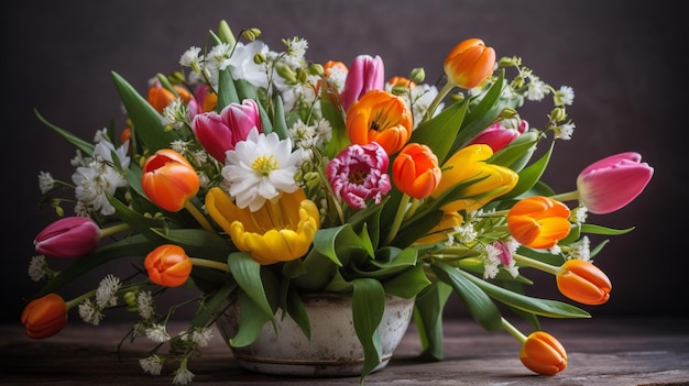 Een boeket tulpen en andere bloemen