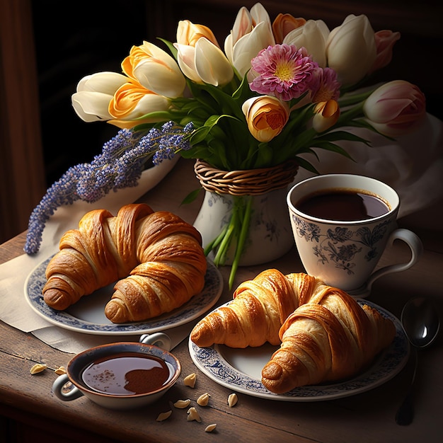 Een boeket tulpen en croissants op een tafel. Ontbijt met croissants, koffie en cholocate. AI