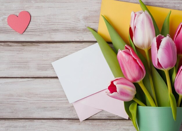 een boeket tulpen met een hartvormige kaart op een houten tafel