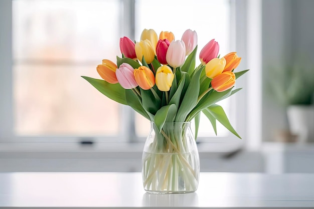 Een boeket tulpen op een witte tafel