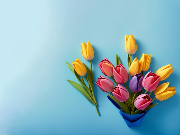 Een boeket tulpen staat in een blauwe papieren vaas op een blauwe achtergrondtafel