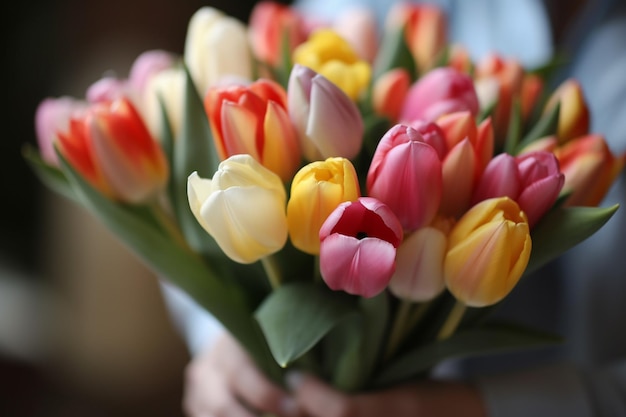 Een boeket tulpen wordt vastgehouden door een man.