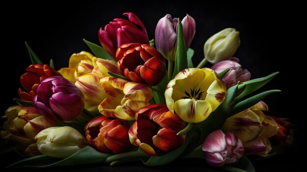 Een boeket tulpen wordt weergegeven op een zwarte achtergrond.