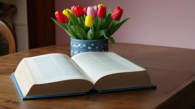 een boeket tulpen zit op een houten tafel met een boek getiteld de bijbel