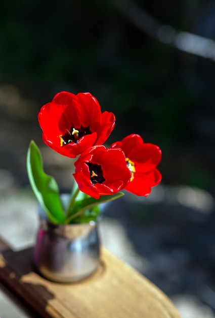 Een boeket van drie rode tulpen in een vaas op tafel in de frisse lucht waar de zon is