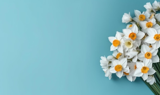 Een boeket van narcissenbloemen op een pastelblauwe achtergrond met lege copyspace Moederdagconcept Plat gelegd Gemaakt met generatieve AI-tools
